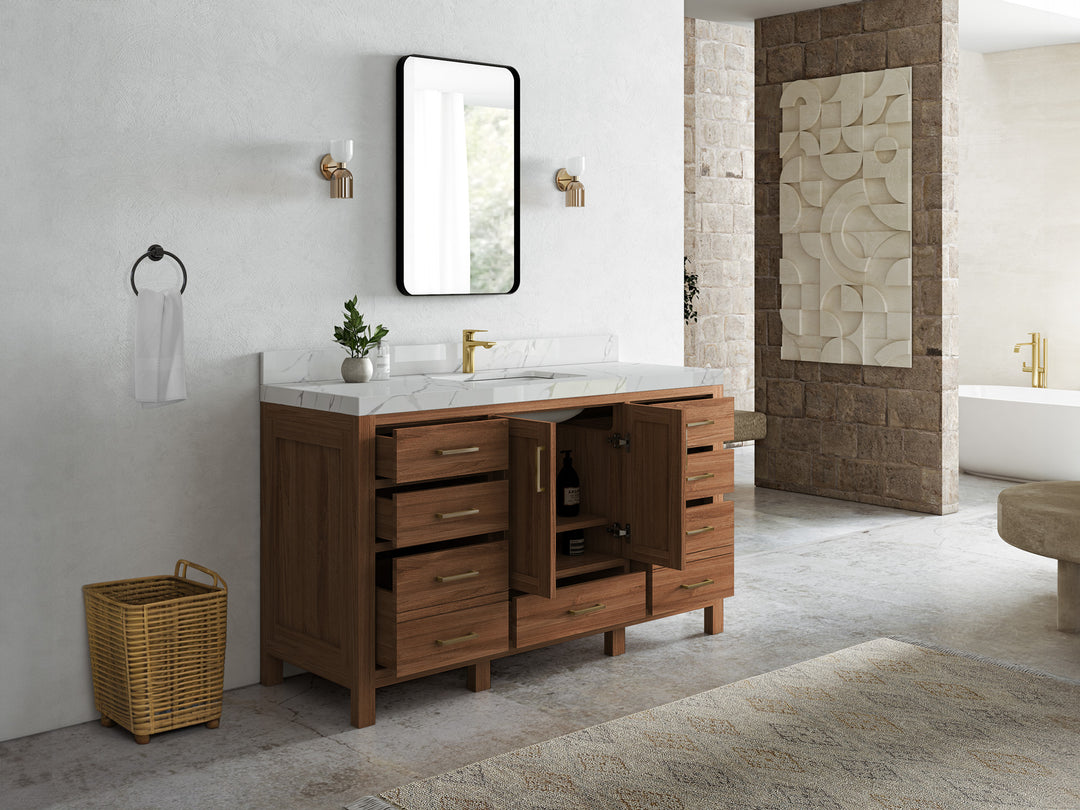 Malibu Teak Wood 60 in. W x 22 in. D Single Sink Bathroom Vanity
