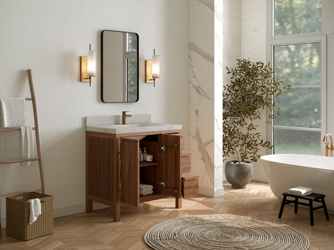 Elizabeth Teak 36 Left Offset in. W x 22 in. D Center Sink Bathroom Vanity in Dark Natural with Countertop - Side View Open Drawer