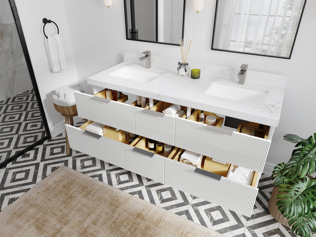 Catalina 60 in. W x 22 in. D Double Sink Bathroom Vanity in White with Countertop - Side View Open Drawer