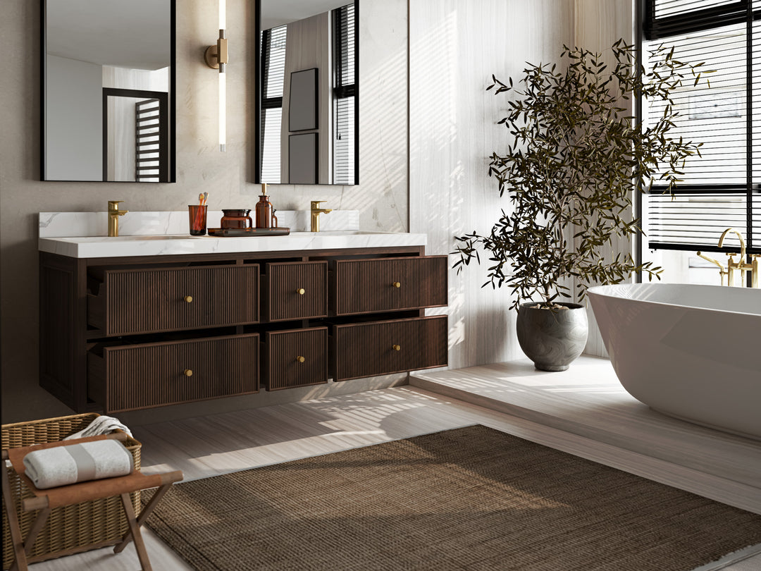 Sonoma Floating Teak 60 in. W x 22 in. D Double Sink Bathroom Vanity in Dark Walnut Finish with countertop - Side View Open