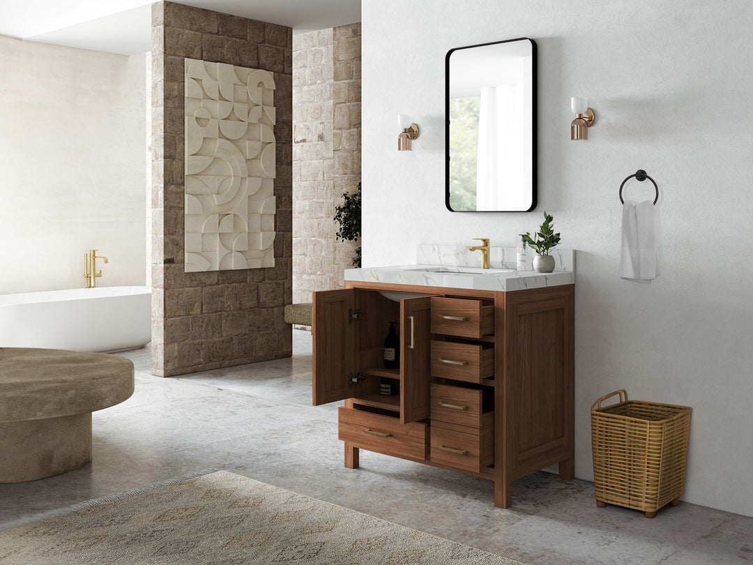 Malibu Teak Wood 36 in. W x 22 in. D Center Sink Bathroom Vanity