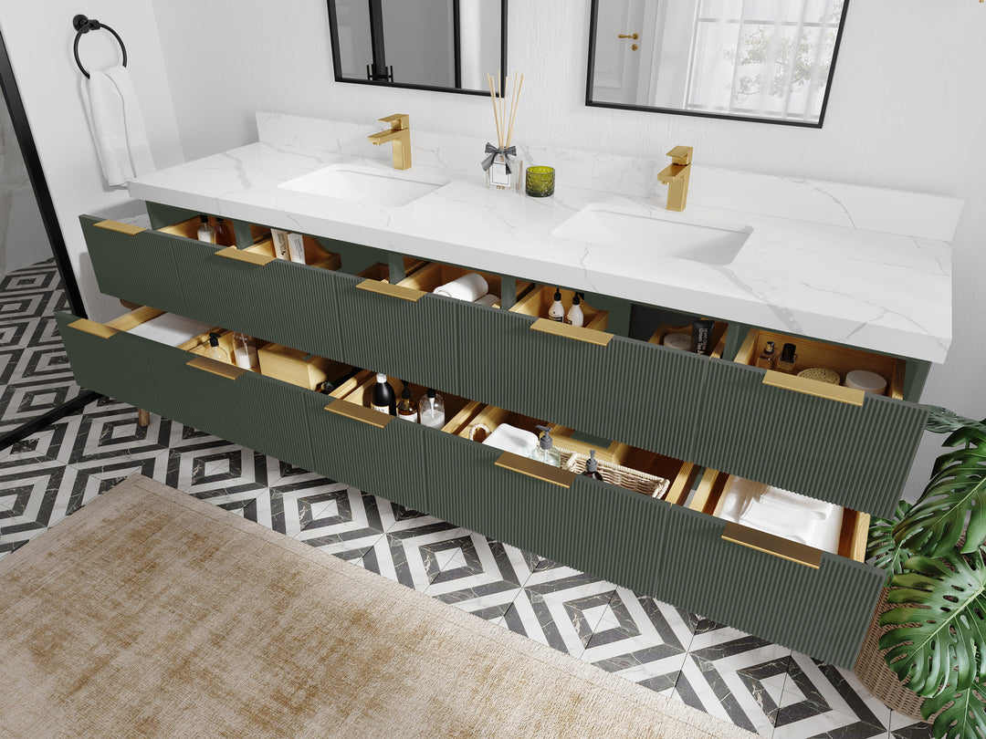 Catalina 84 in. W x 22 in. D Double Sink Bathroom Vanity in Pewter Green with Countertop - Side View Open Drawer