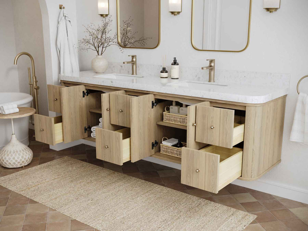 Houston White Oak 84 in. W x 22 in. D Curved Edge Double Sink Bathroom Vanity