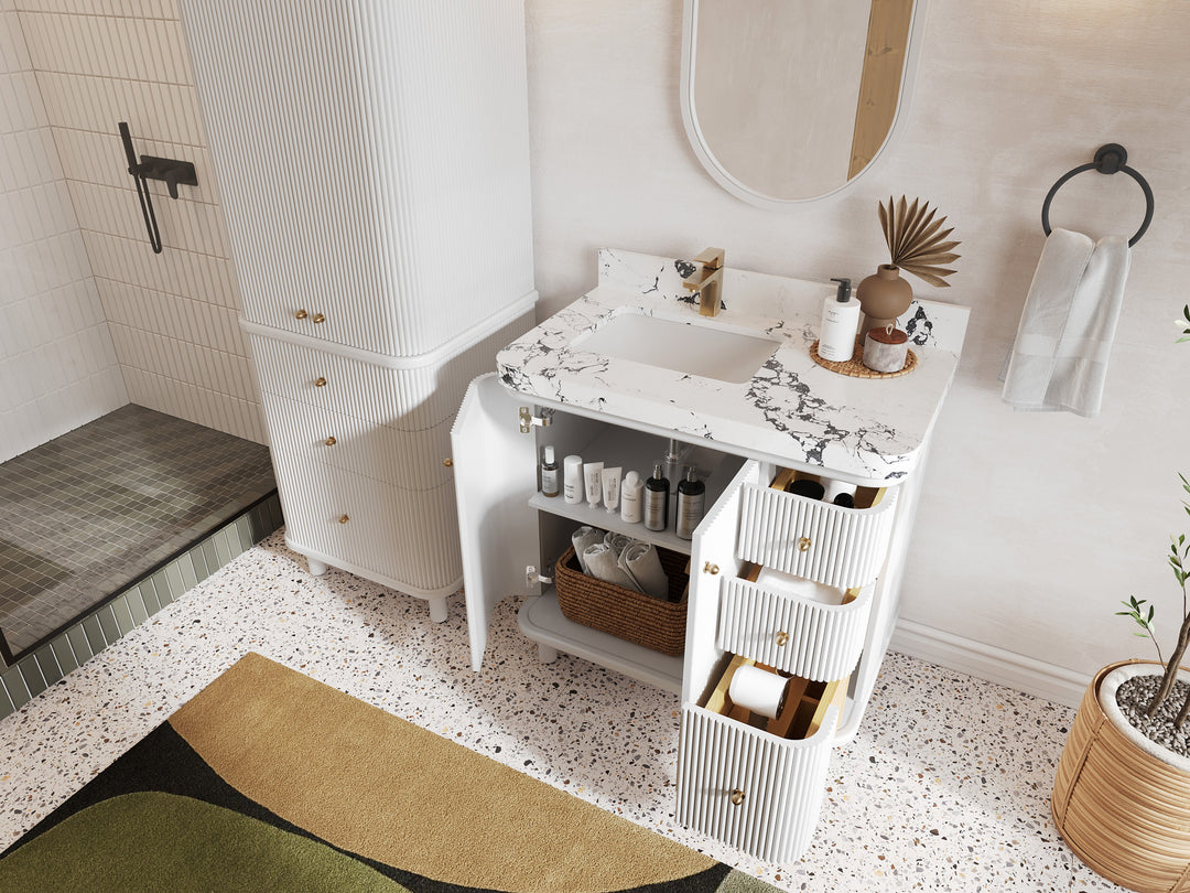 Miami 36 in. W x 22 in. D Left Offset Sink Bathroom Vanity in White with Countertop - Side View Open Drawer