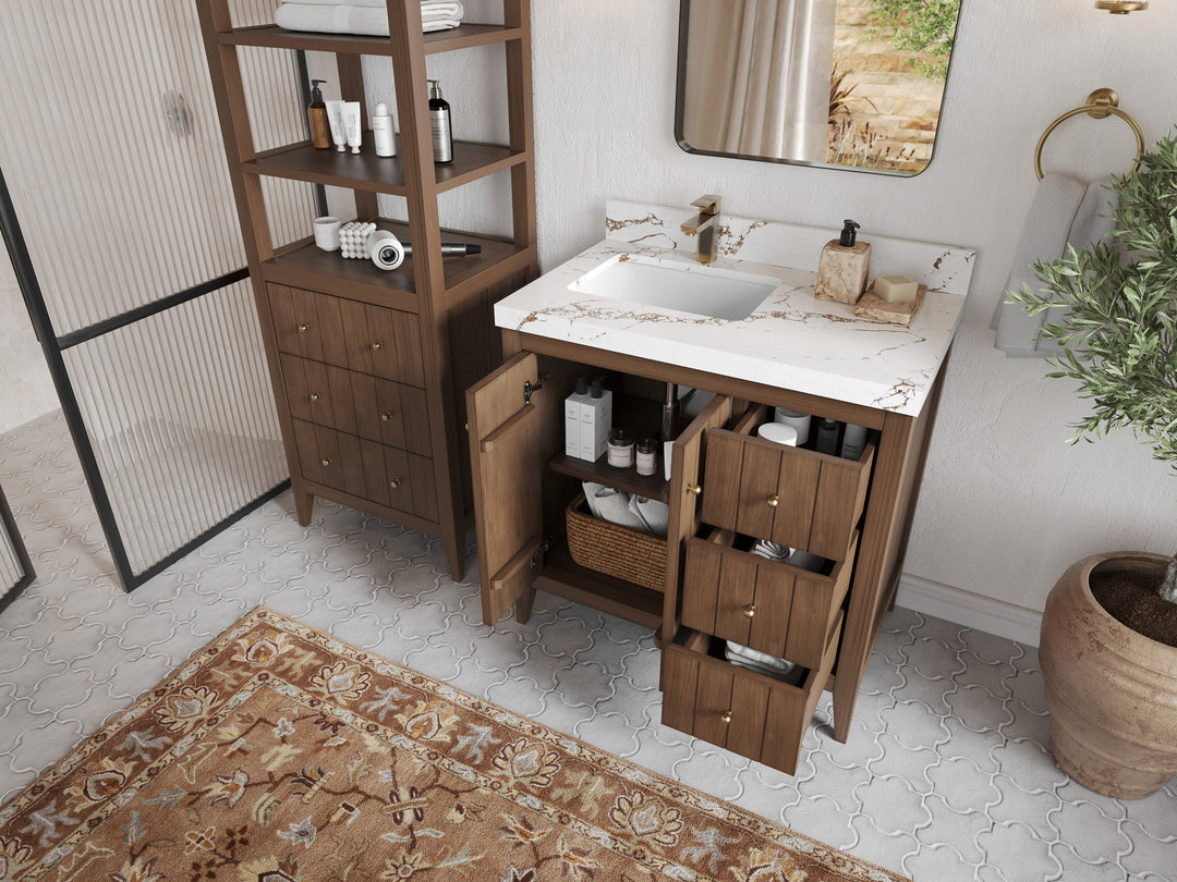 Atlanta Teak Wood 36 in. W x 22 in. D Left Offset Sink Bathroom Vanity