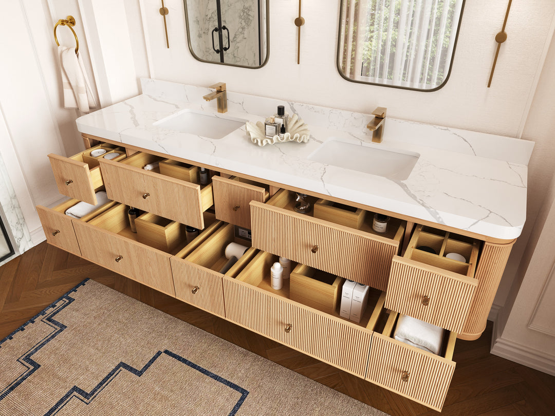 Hampton Floating White Oak 84 in. W x 22 in. D Double Sink Bathroom Vanity with Countertop - Side View Open Drawer