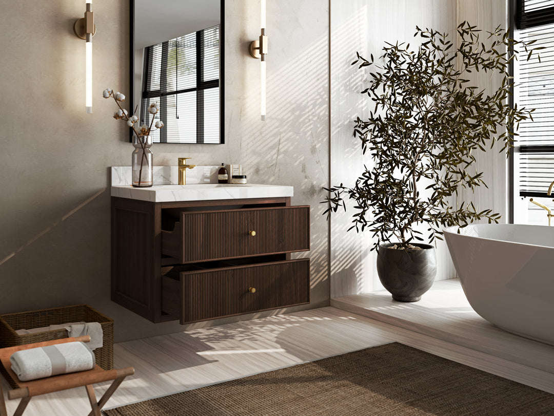 Sonoma Floating Teak 30 in. W x 22 in. D Single Sink Bathroom Vanity in Dark Walnut Finish with countertop - Side View Open