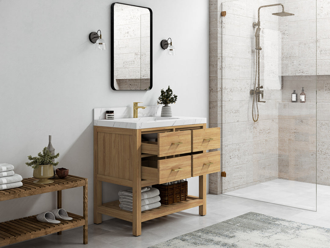 Parker Teak  36 in. W x 22 in. D Center Sink Bathroom Vanity in Light Natural   with Countertop - Side view Open drawer 
