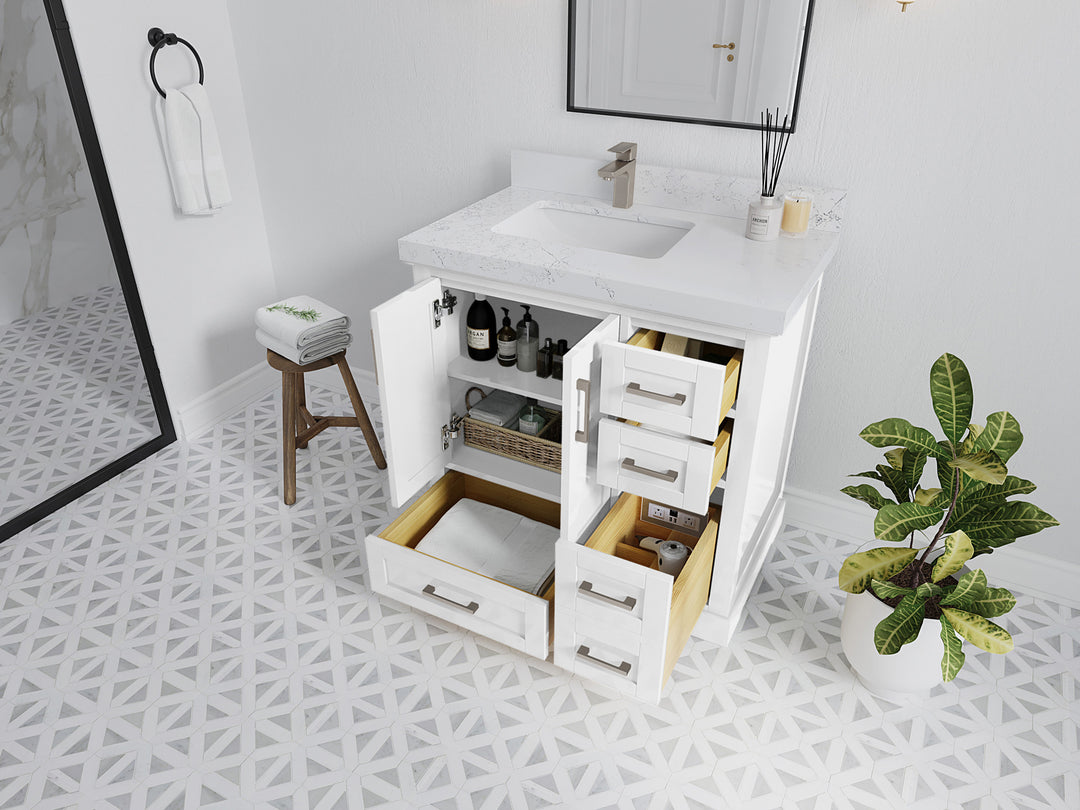 Boston 36 in. W x 22 in. D Single Sink Bathroom Vanity in White with Countertop - Side View Open Drawer
