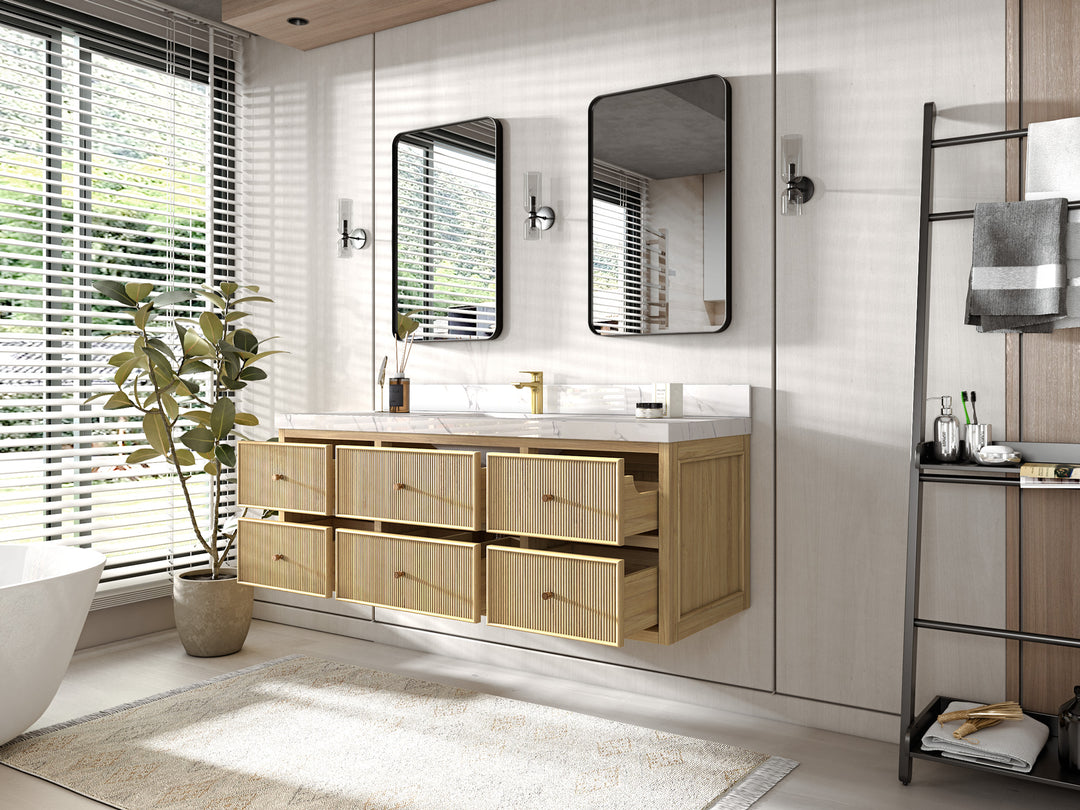 Sonoma Floating Teak 60 in. W x 22 in. D Single Sink Bathroom Vanity in Light Natural with countertop - Side View Open