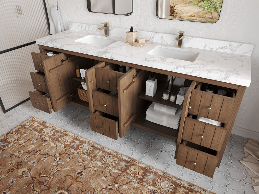 Atlanta Teak Wood 84 in. W x 22 in. D Double Sink Bathroom Vanity