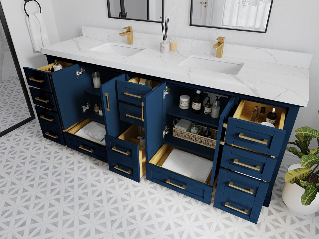 Boston 84 in. W x 22 in. D Double Sink Bathroom Vanity in Navy Blue with Countertop - Side View Open Drawer