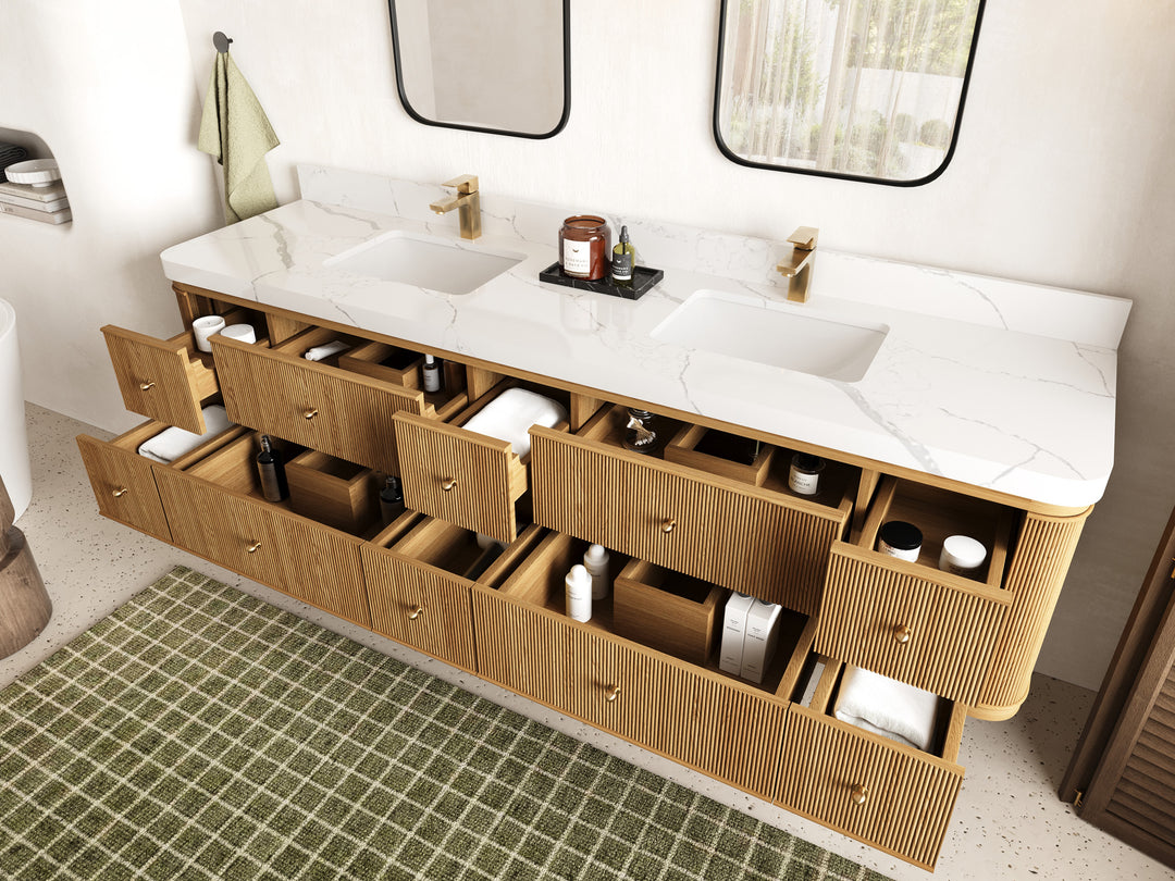 Hampton Floating Teak 84 in. W x 22 in. D Double Sink Bathroom Vanity (Light Natural)