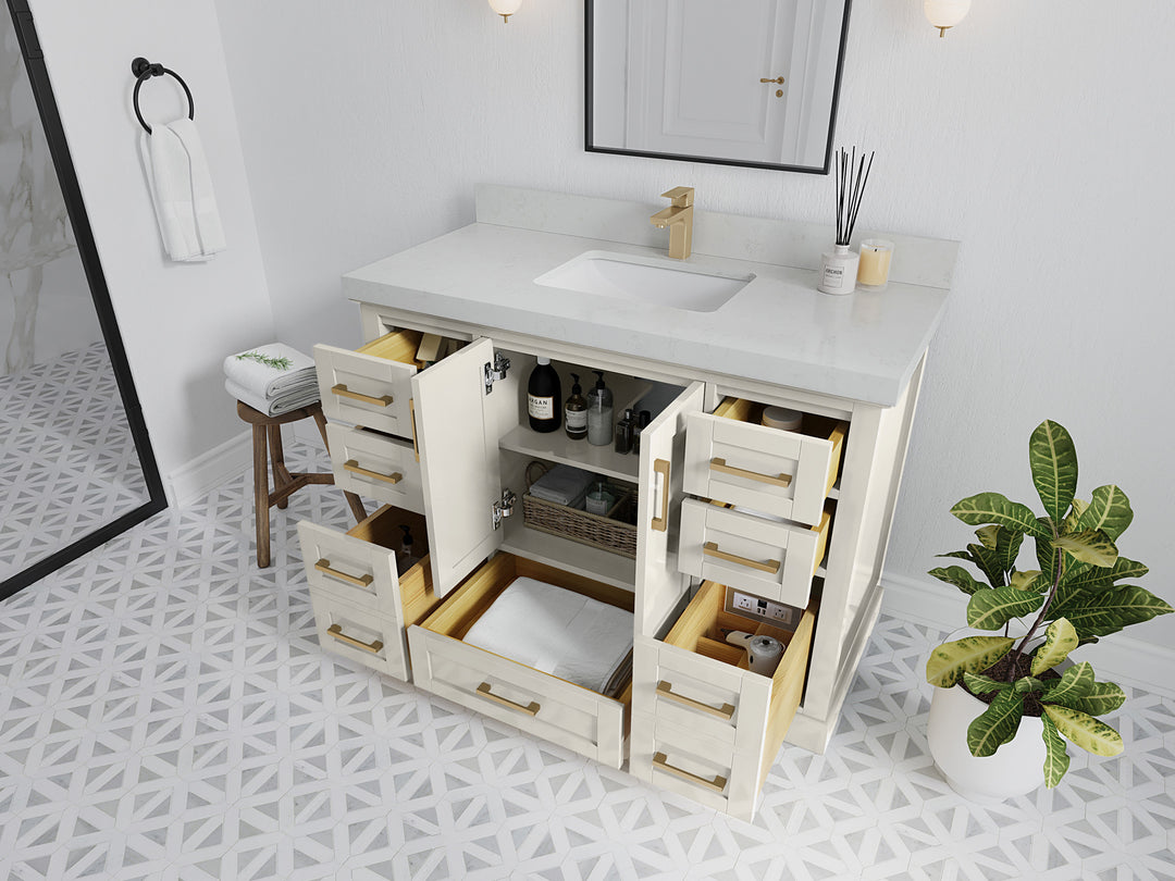 Boston 48 in. W x 22 in. D Single Sink Bathroom Vanity in Alabaster with Countertop - Side View Open Drawer