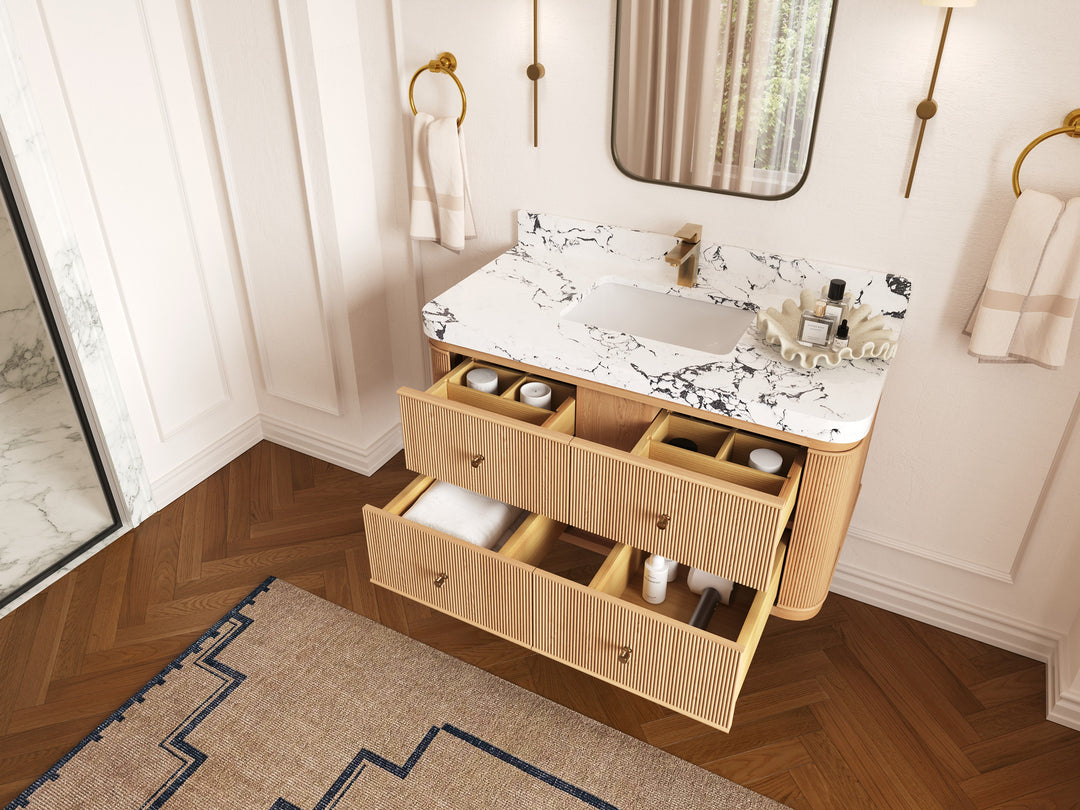 Hampton Floating White Oak 42 in. W x 22 in. D Single Sink Bathroom Vanity with Countertop - Side View Open Drawer
