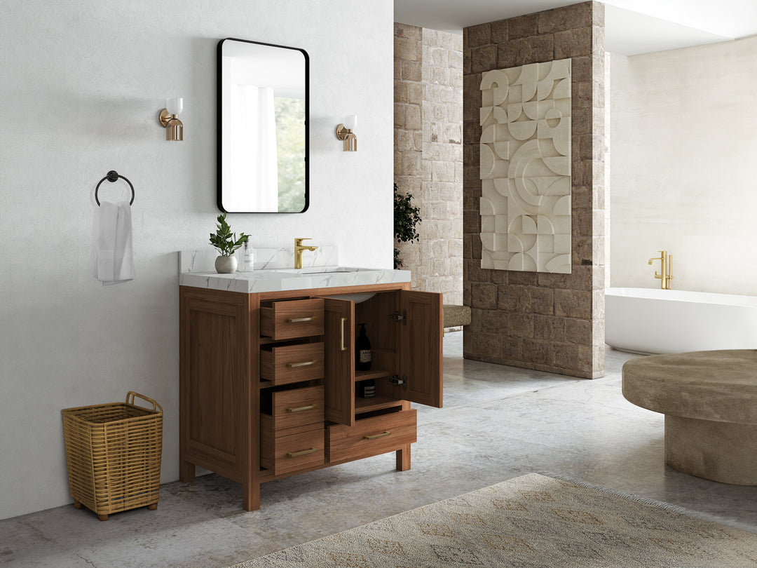 Malibu Teak Wood 36 in. W x 22 in. D Right Offset Sink Bathroom Vanity