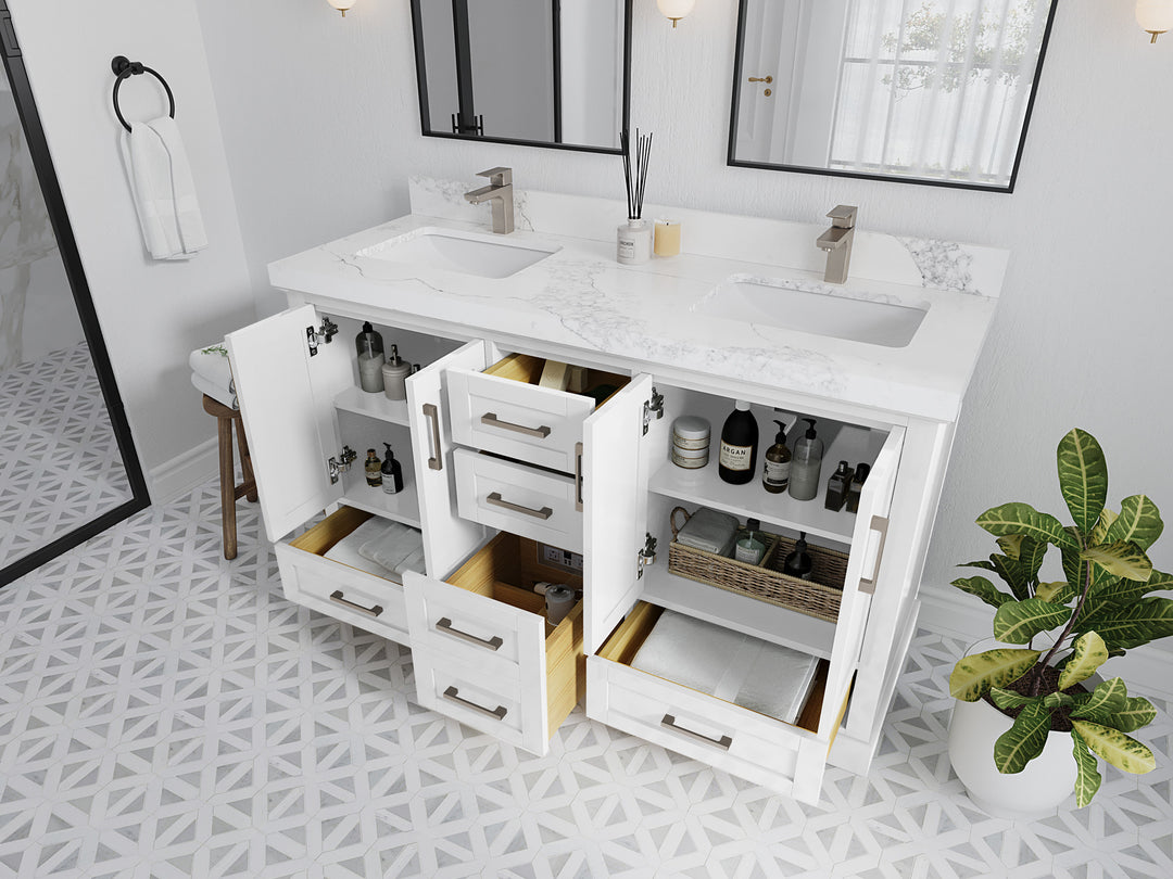 Boston 60 in. W x 22 in. D Double Sink Bathroom Vanity in White with Countertop - Side View Open Drawer