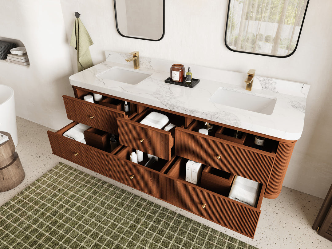 Hampton Floating Teak 72 in. W x 22 in. D Double Sink Bathroom Vanity with Countertop - Side View Open Drawer