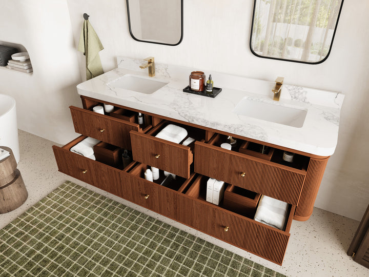 Hampton Floating Teak 72 in. W x 22 in. D Double Sink Bathroom Vanity (Dark Natural) - photo 3