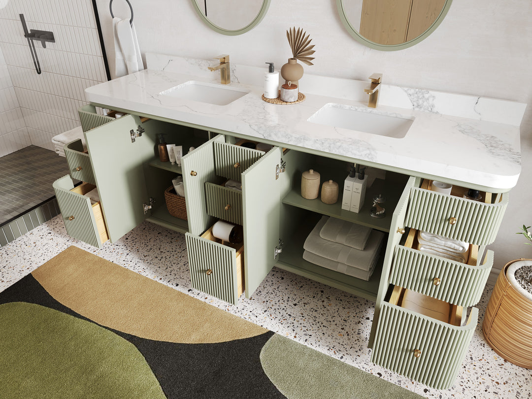 Miami 84 in. W x 22 in. D Double Sink Bathroom Vanity in Evergreen with Countertop - Side View Open Drawer