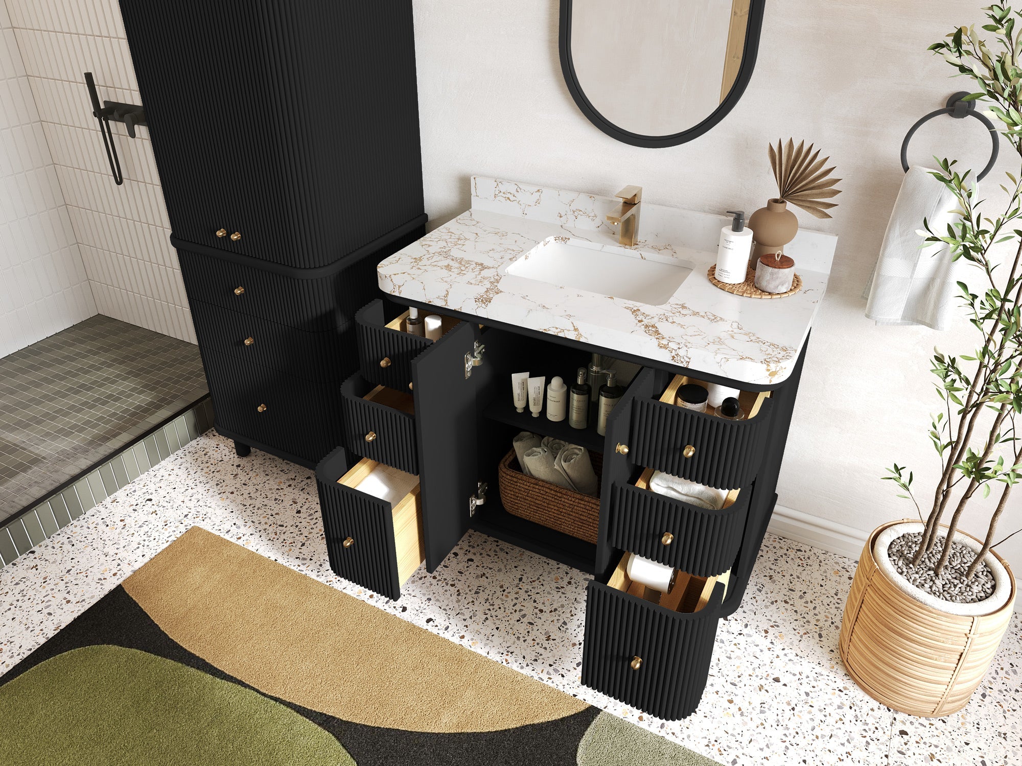 Miami 42 in. W x 22 in. D Single Sink Bathroom Vanity in Black with Countertop - Side View Open Drawer