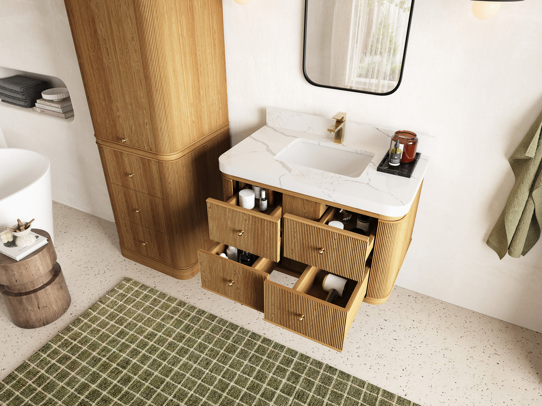 Hampton Floating Teak 36 in. W x 22 in. D Single Sink Bathroom Vanity with Countertop - Side View Open Drawer