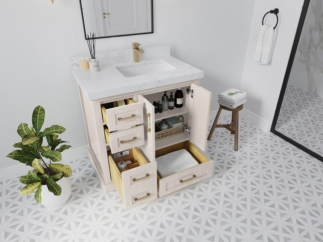 Boston 36 in. W x 22 in. D Single Sink Bathroom Vanity in Fine Grain with Countertop - Side View Open Drawer