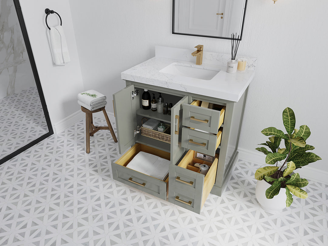 Boston 36 in. W x 22 in. D Single Sink Bathroom Vanity in Evergreen with Countertop - Side View Open Drawer
