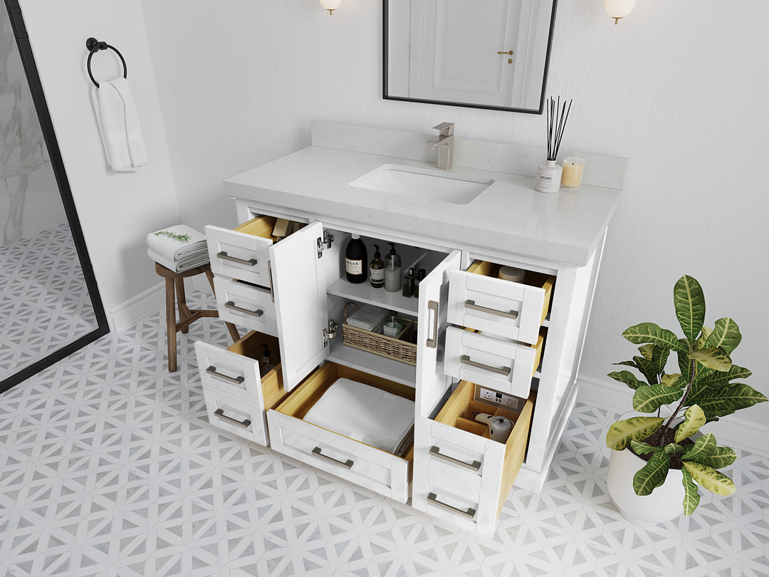 Boston 48 in. W x 22 in. D Single Sink Bathroom Vanity in White with Countertop - Side View Open Drawer