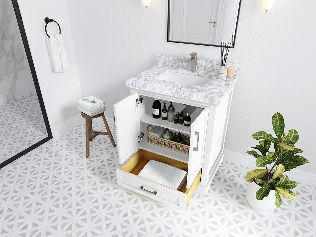 Boston 30 in. W x 22 in. D Single Sink Bathroom Vanity in White with Countertop - Side View Open Drawer