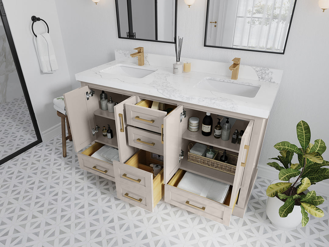 Boston 60 in. W x 22 in. D Double Sink Bathroom Vanity in Fine Grain with Countertop - Side View Open Drawer