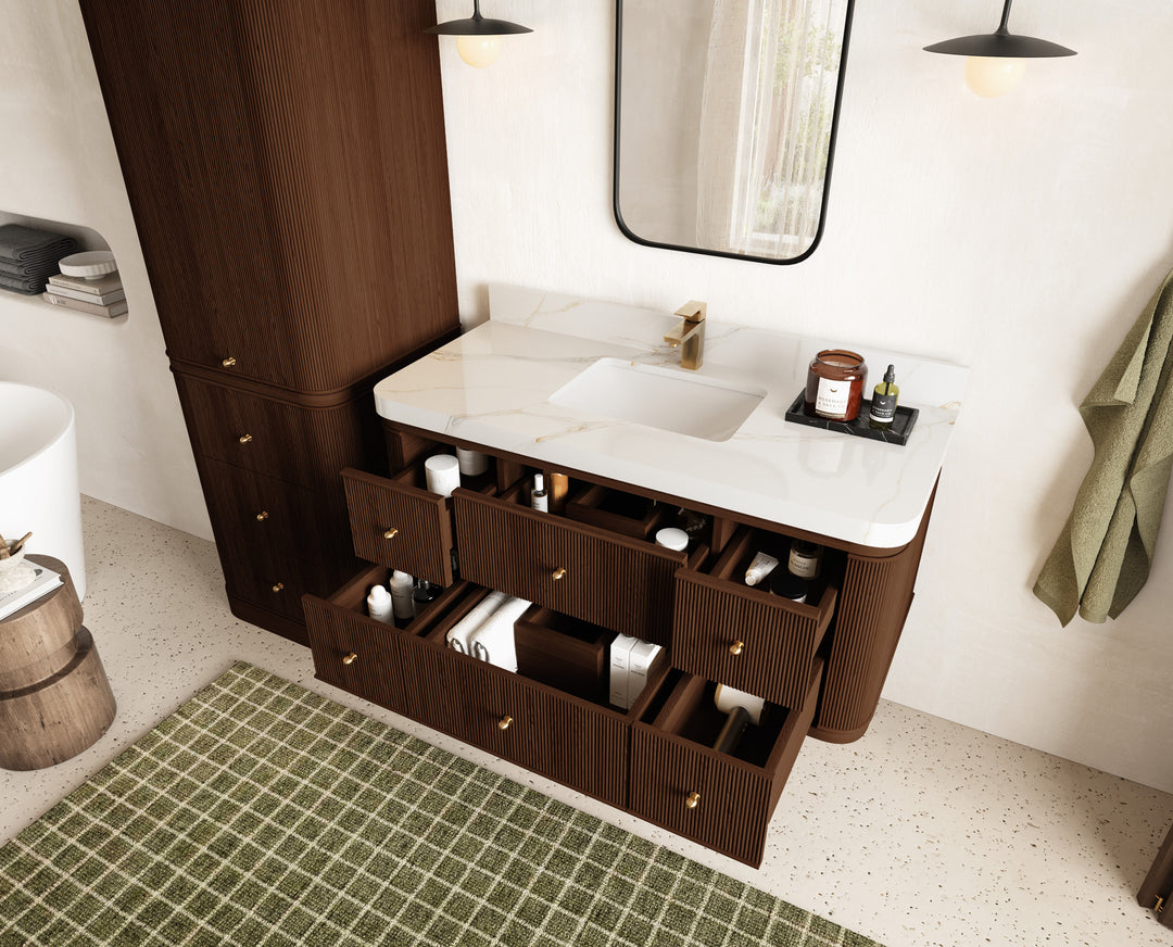 Hampton Floating Teak 48 in. W x 22 in. D Single Sink Bathroom Vanity with Countertop - Side View Open Drawer