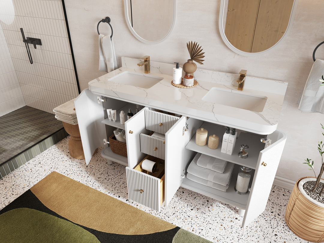 Miami 60 in. W x 22 in. D Double Sink Bathroom Vanity in White with Countertop - Side View Open Drawer