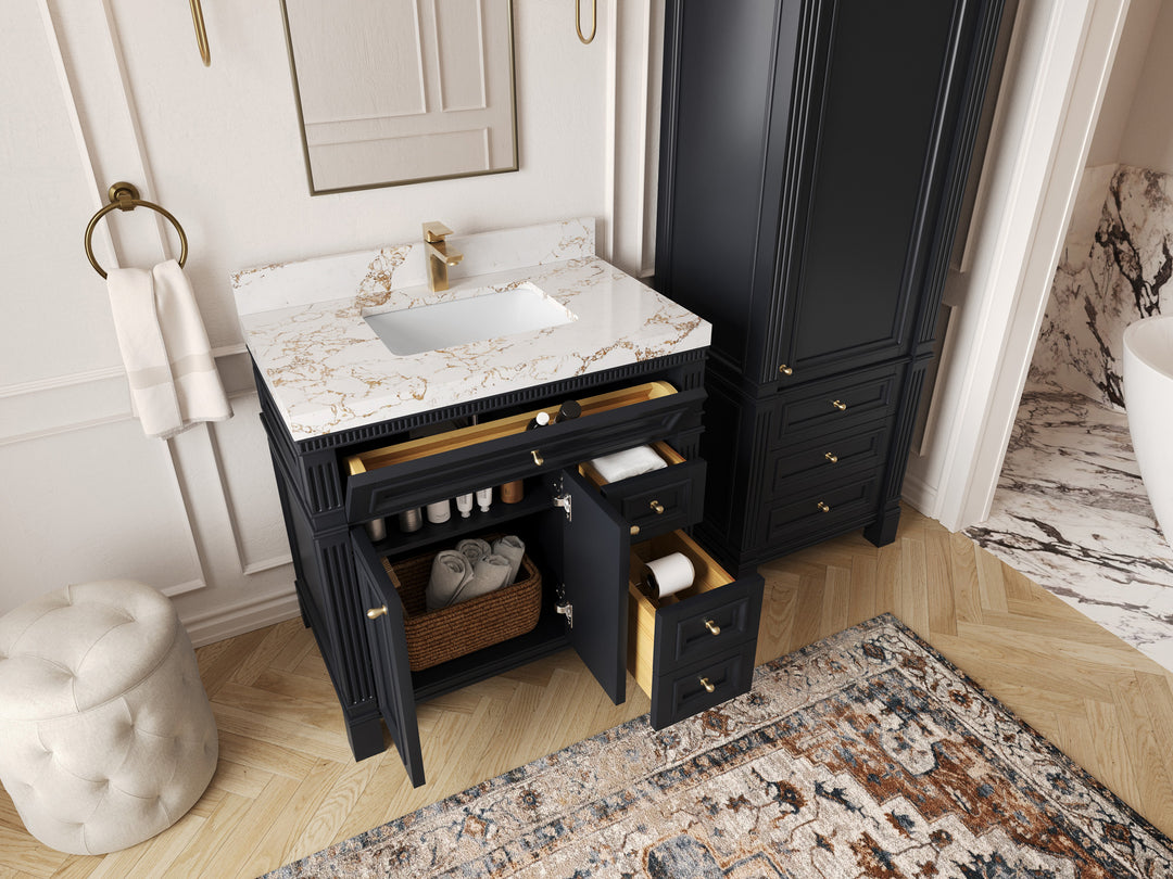 Paris 36 in. W x 22 in. D Center Sink Bathroom Vanity in  Black with Countertop - Side view Open drawer 