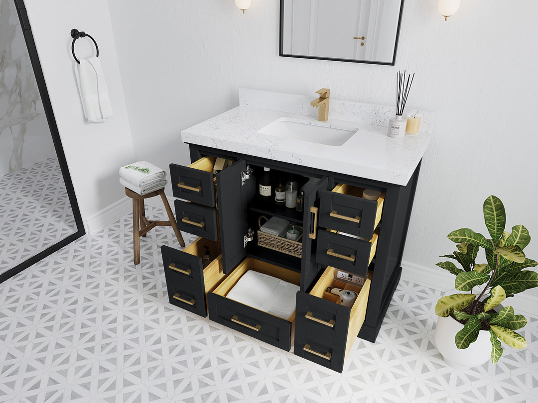 Boston 42 in. W x 22 in. D Single Sink Bathroom Vanity in Wrought Iron with Countertop - Side View Open Drawer