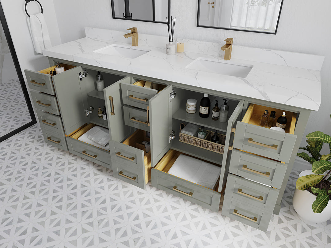 Boston 84 in. W x 22 in. D Double Sink Bathroom Vanity in Evergreen with Countertop - Side View Open Drawer