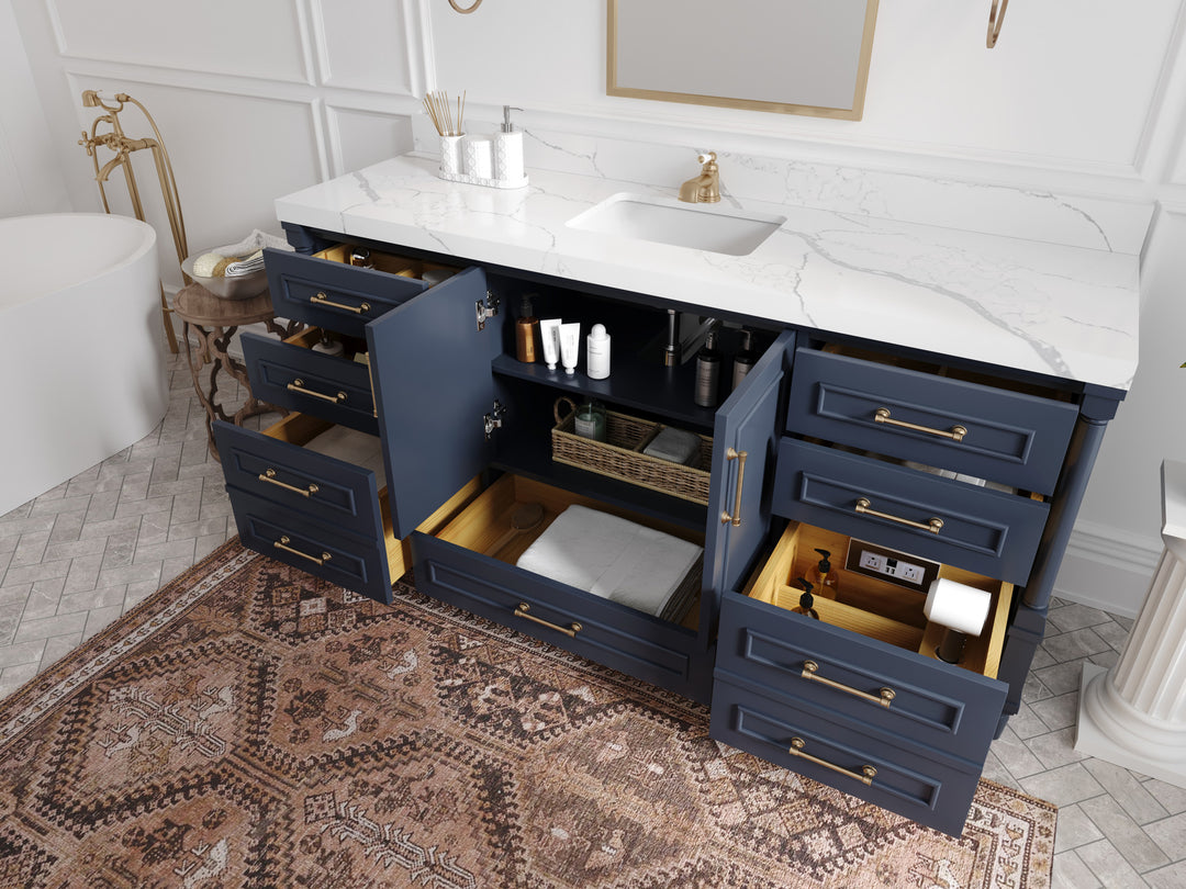 Aberdeen 72 in. W x 22 in. D Single Sink Bathroom Vanity in Hale Navy Blue with countertop - Side View Open Drawer