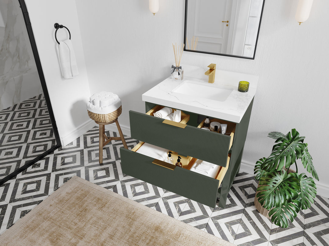 Catalina 30 in. W x 22 in. D Double Sink Bathroom Vanity in Pewter Green with Countertop- Side View Open Drawer