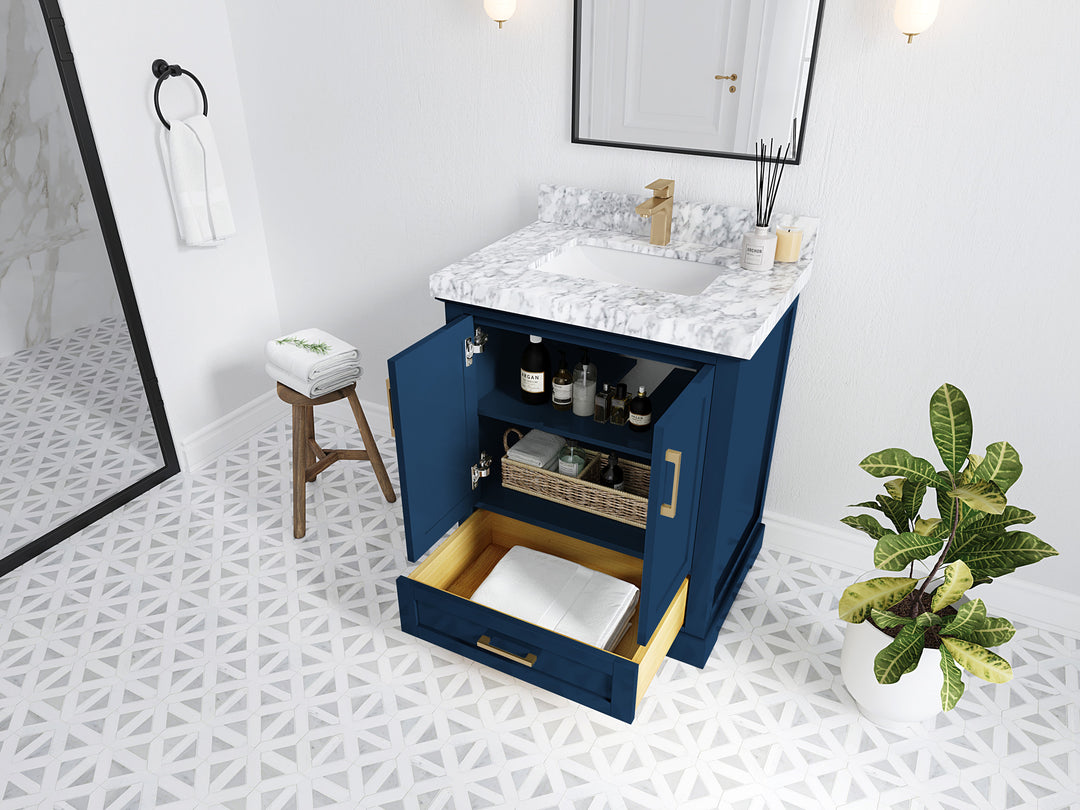 Boston 30 in. W x 22 in. D Single Sink Bathroom Vanity in Navy Blue with Countertop - Side View Open Drawer