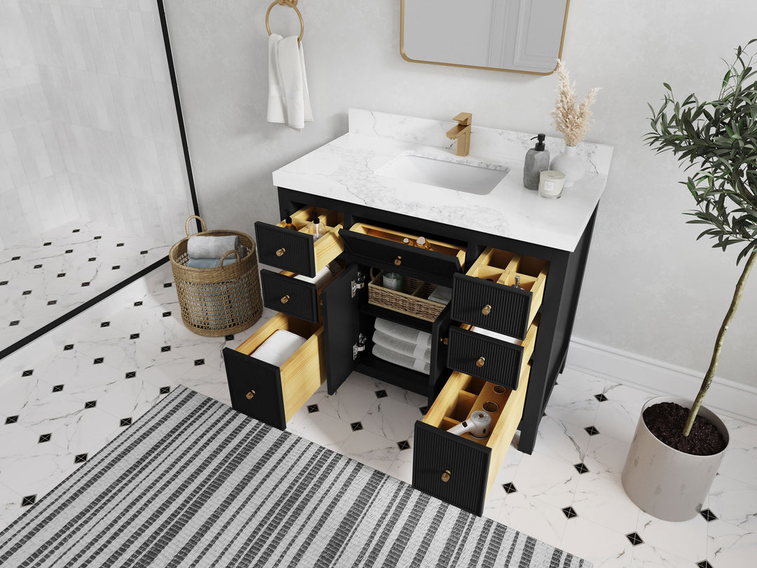 Sonoma 42 in. W x 22 in. D Single Sink Bathroom Vanity in Black with countertop - Side View Open Drawer