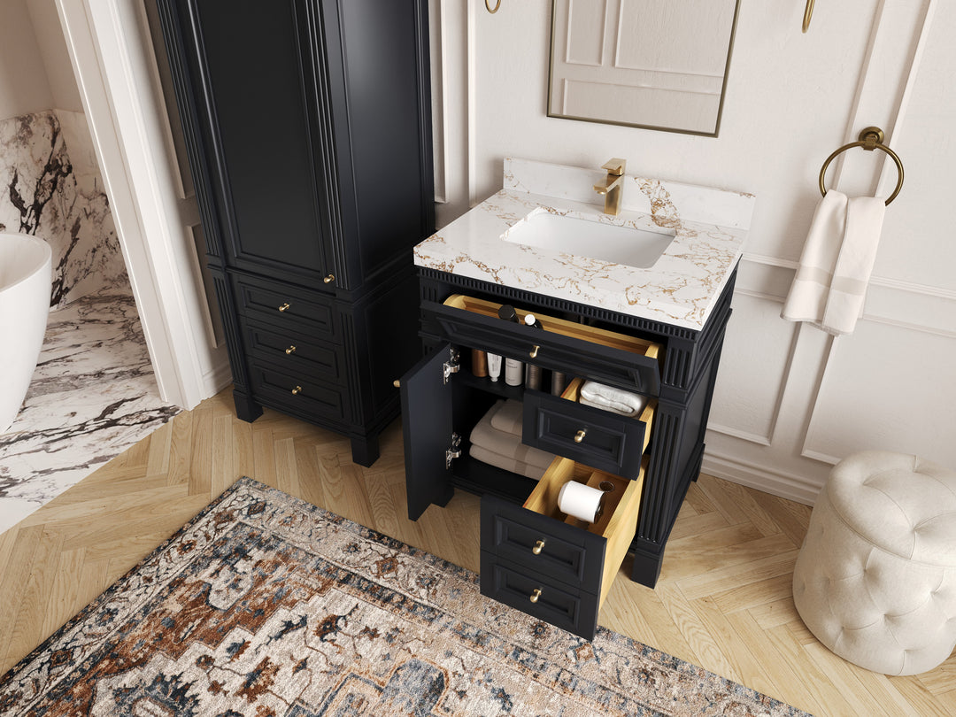 Paris 30 in. W x 22 in. D Single Sink Bathroom Vanity in  Black with Countertop - Side view Open drawer 