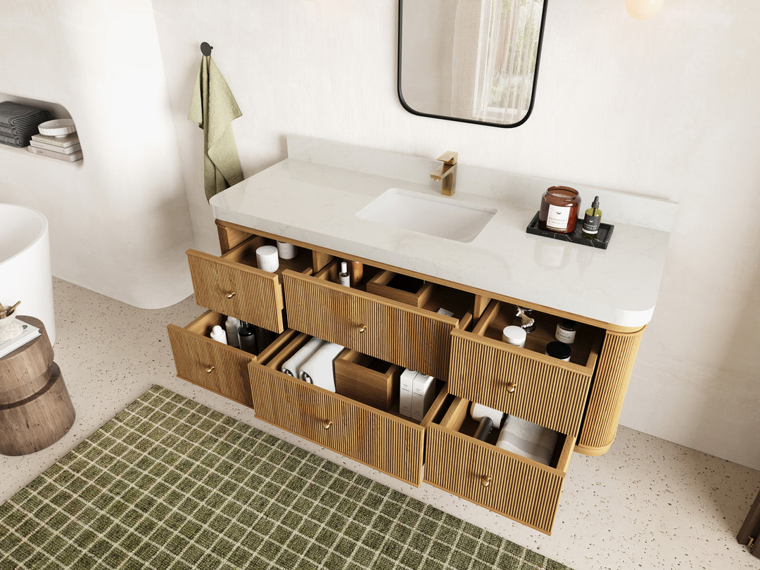 Hampton Floating Teak 60 in. W x 22 in. D Single Sink Bathroom Vanity with Countertop - Side View Open Drawer