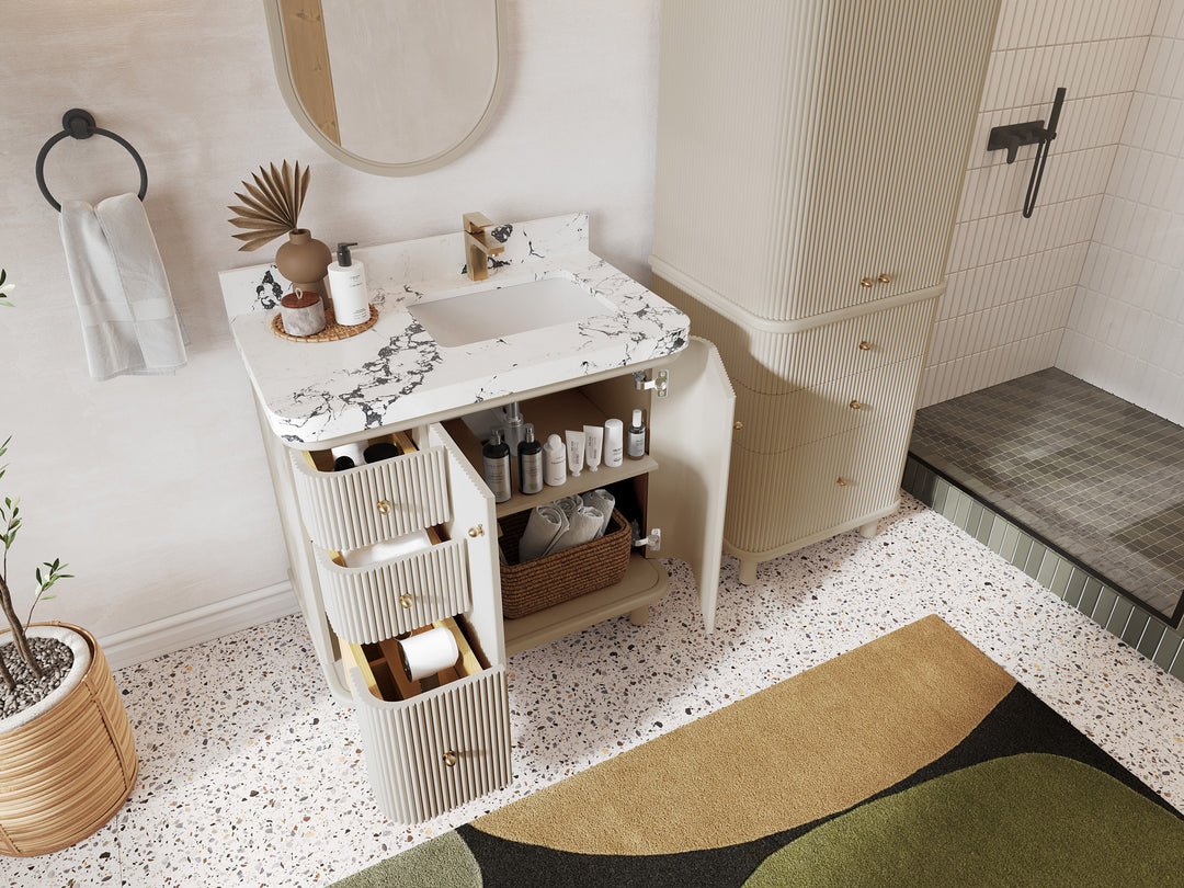Miami 36 in. W x 22 in. D Right Offset Sink Bathroom Vanity in Fine Grain with Countertop - Side View Open Drawer