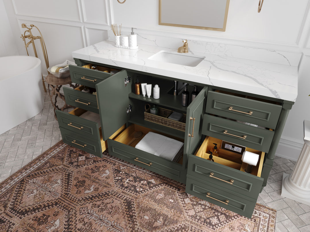 Aberdeen 72 in. W x 22 in. D Single Sink Bathroom Vanity in Pewter Green with countertop - Side View Open Drawer