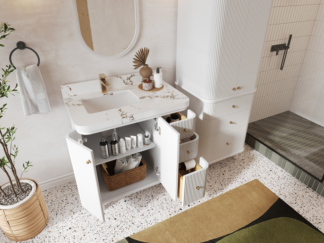 Miami 36 in. W x 22 in. D Right Offset Sink Bathroom Vanity in White with Countertop - Side View Open Drawer