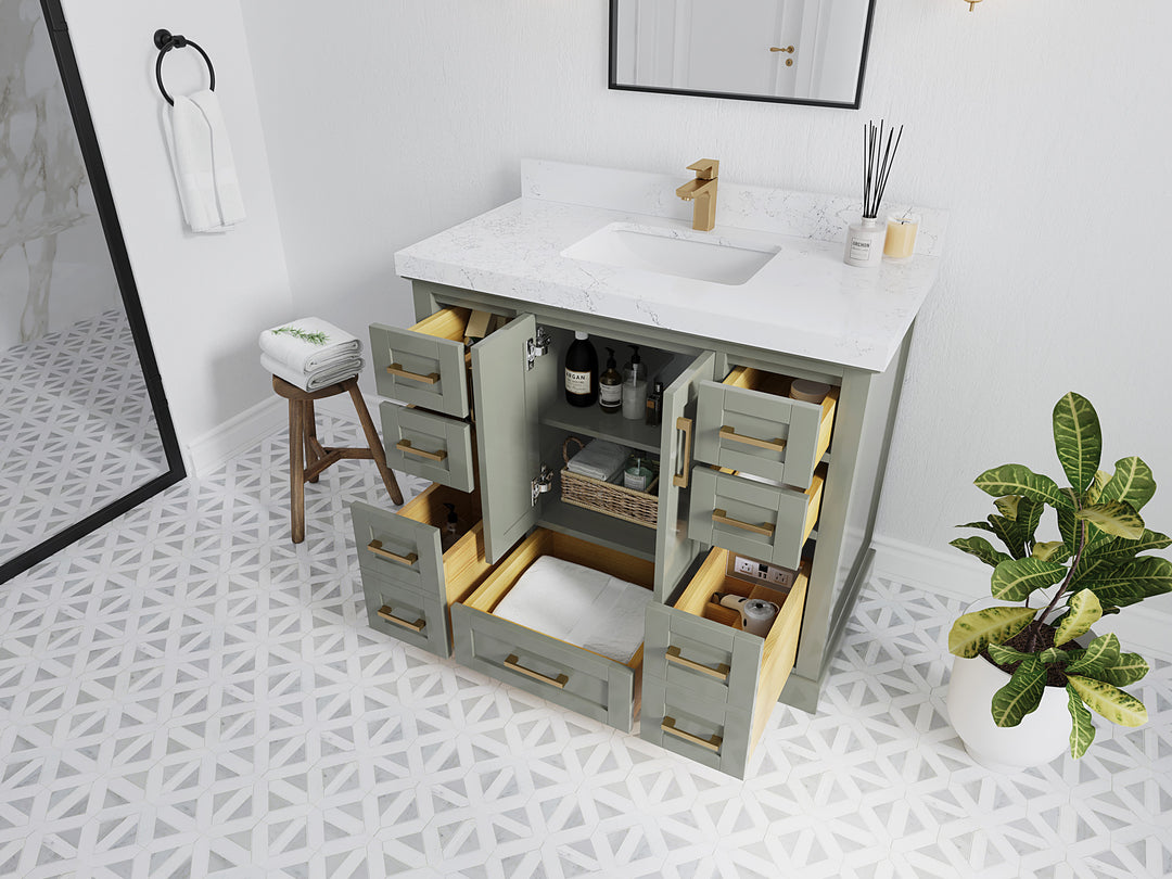 Boston 42 in. W x 22 in. D Single Sink Bathroom Vanity in Evergreen with Countertop - Side View Open Drawer