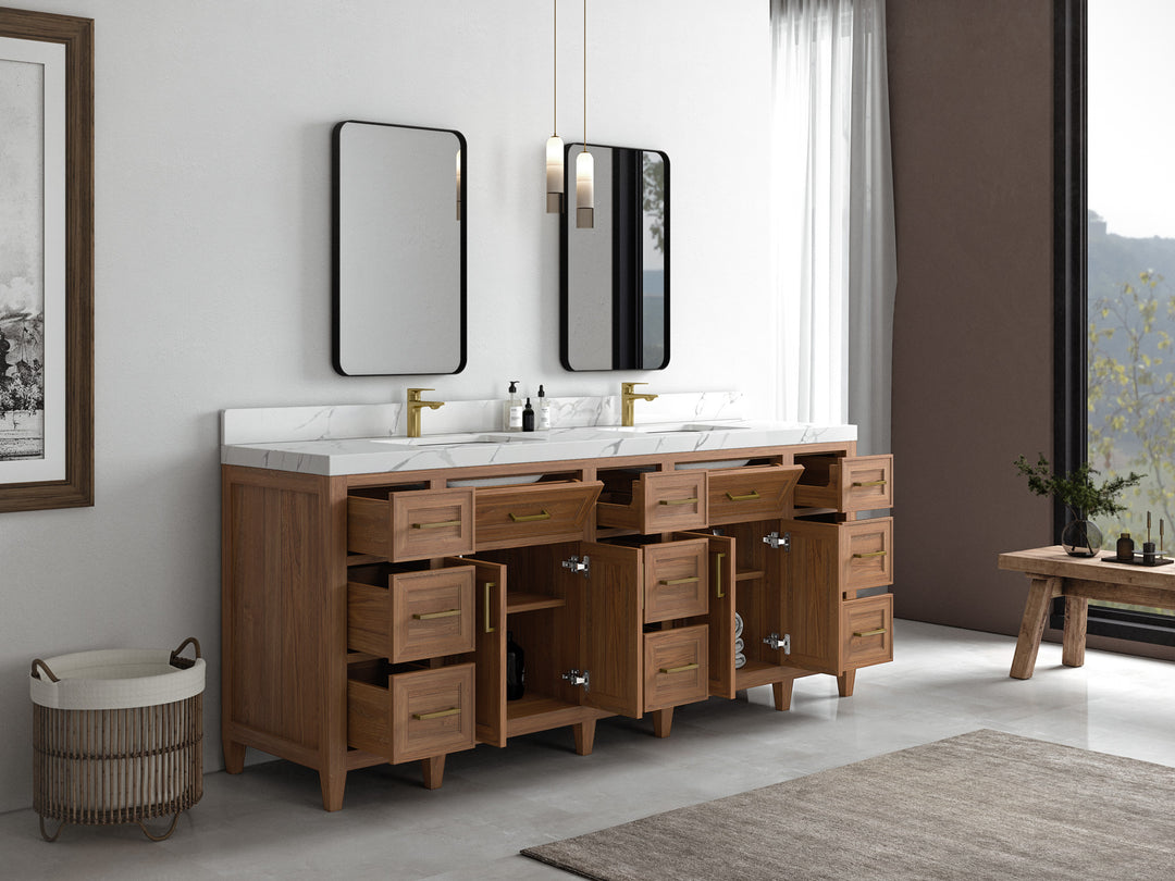 Santa Monica Teak Wood 84 in. W x 22 in. D Double Sink Bathroom Vanity