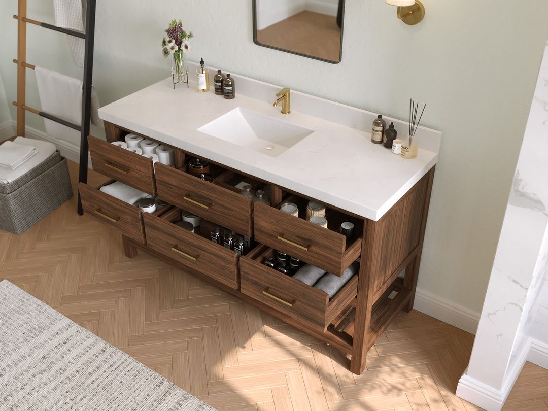 Parker Teak  60 in. W x 22 in. D Single Sink Bathroom Vanity in Dark Walnut  with Countertop - Side view Open drawer 