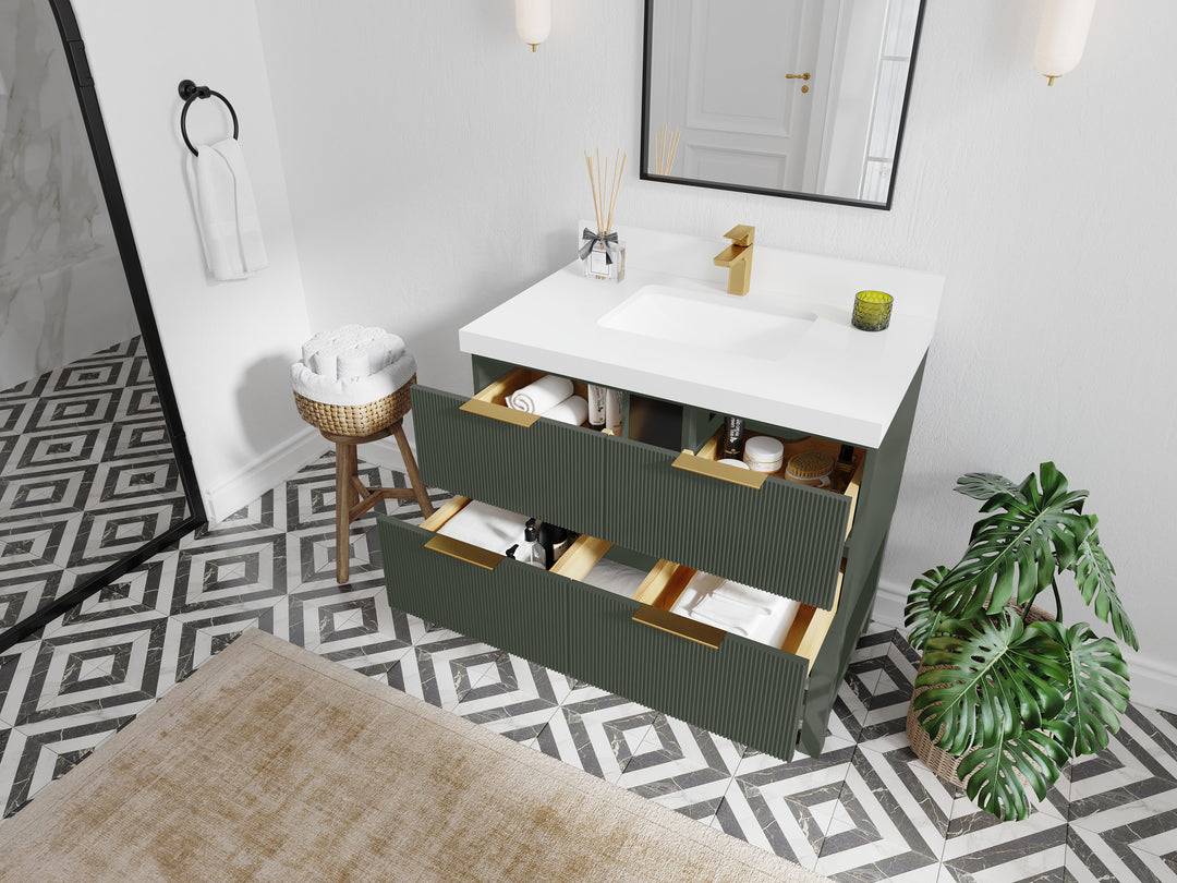 Catalina 36 in. W x 22 in. D Single Sink Bathroom Vanity in Pewter Green with Countertop - Side View Open Drawer