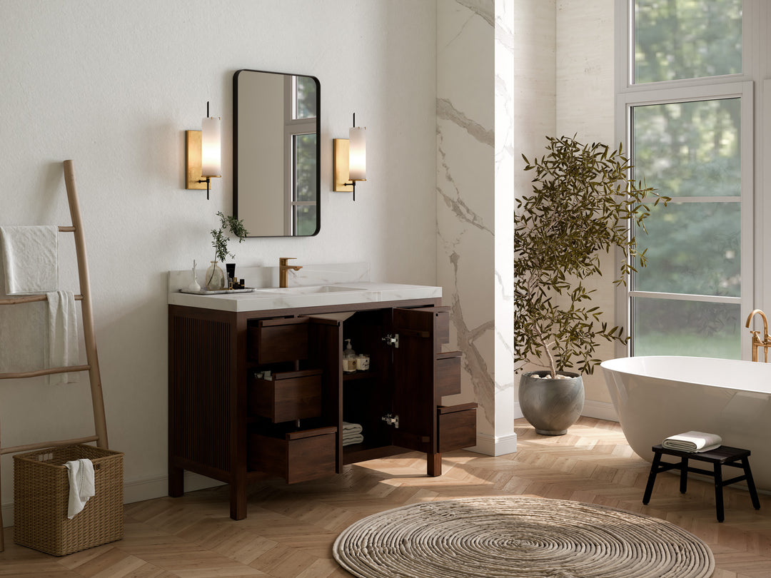 Elizabeth Teak 48 in. W x 22 in. D Single Sink Bathroom Vanity in Dark Walnut with Countertop - Side View Open Drawer